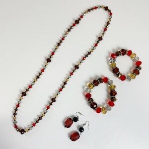 Jewelry Set Necklace 2 Bracelets 1 Earring Set Beaded Stretch Red Brown Yellow